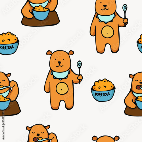vector seamless pattern with hand-drawn cartoon bears and porridge. it can be used as Wallpaper, background, print, textile design, notebooks, phone cases, packaging paper, and more.