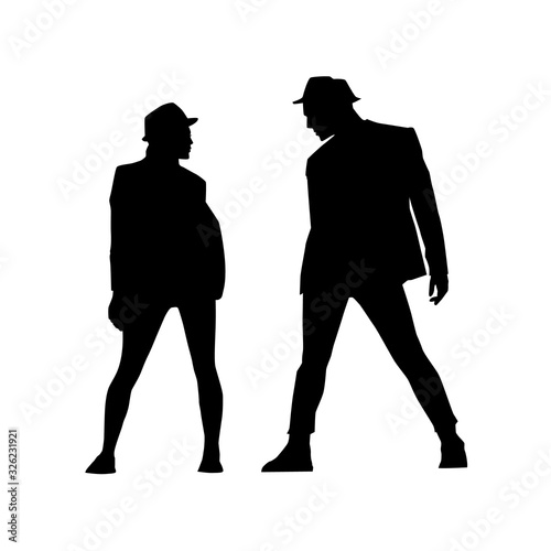 silhouettes of man and woman in profile on a white background. A street dance hip hop dancers. Vector isolated man for logo, sticker, logotype, icon, banner, poster. Illustration for dance studio.