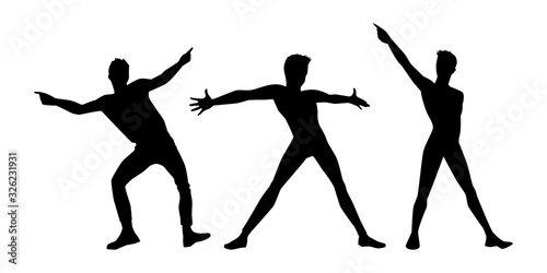 set of black man silhouettes on white background. A male street dance hip hop dancers. Vector isolated mans for logo, sticker, logotype, icon, banner, poster. Illustration for dance studio