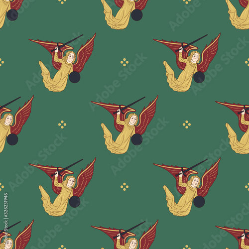 Seamless repeating pattern with flying medieval warrior angels.