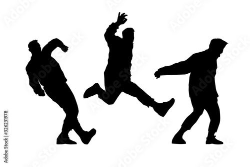 set of black man silhouettes on white background. A male street dance hip hop dancers. Vector isolated mans for logo, sticker, logotype, icon, banner, poster. Illustration for dance studio