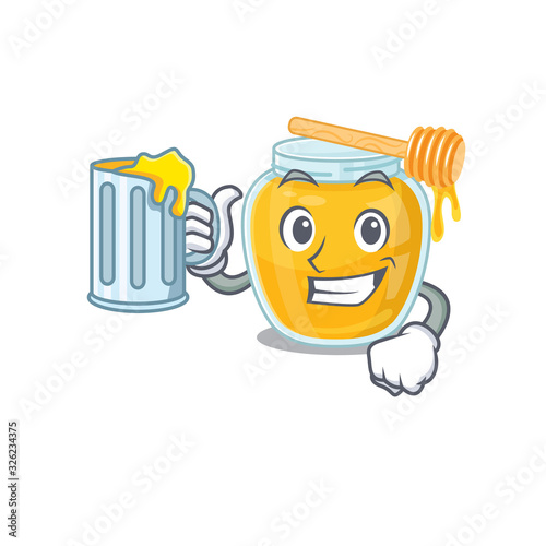 Smiley honey mascot design with a big glass