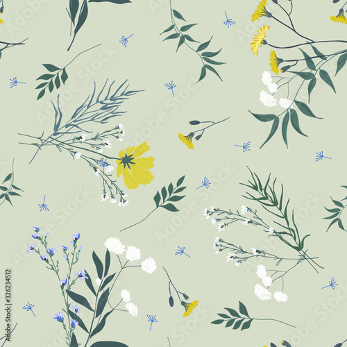 Blossom floral seamless pattern. Blooming botanical motifs scattered random. Trendy colorful vector texture. Good for fashion. Ditsy print. Hand drawn different wild meadow flowers on grey background
