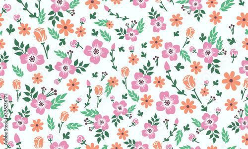Seamless floral pattern background for spring, with leaf and flower drawing.