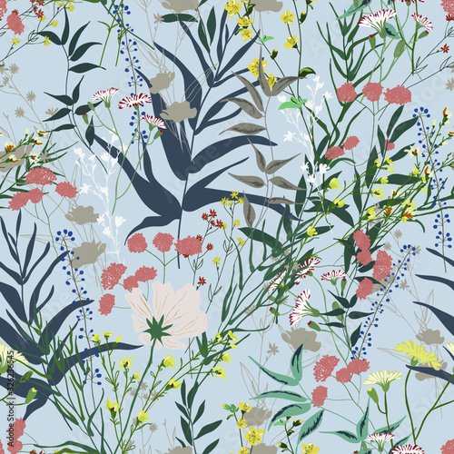 Blossom floral seamless pattern. Blooming botanical motifs scattered random. Trendy colorful vector texture. Fashion, ditsy print, fabric. Hand drawn different wild meadow flowers on blue background