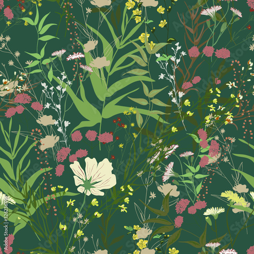 Blossom floral seamless pattern. Blooming botanical motifs scattered random. Trendy colorful vector texture. Fashion, ditsy print, fabric. Hand drawn different wild meadow flowers on green background