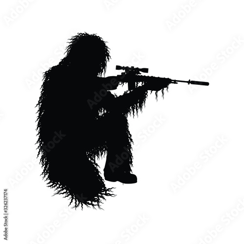 Sniper soldier in camouflage uniform and rifle gun silhouette vector