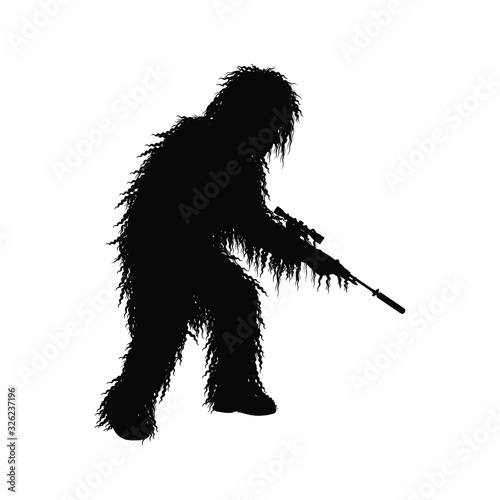 Sniper soldier in camouflage uniform and rifle gun silhouette vector