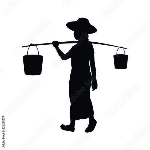 Woman carry with a carrying pole silhouette vector, Asia culture isolated concept.
