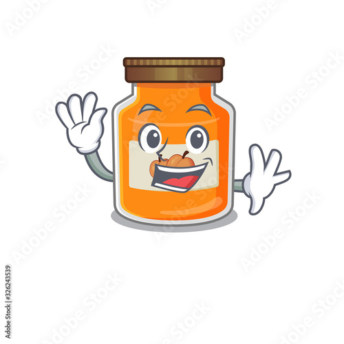 Waving friendly peach jam mascot design style