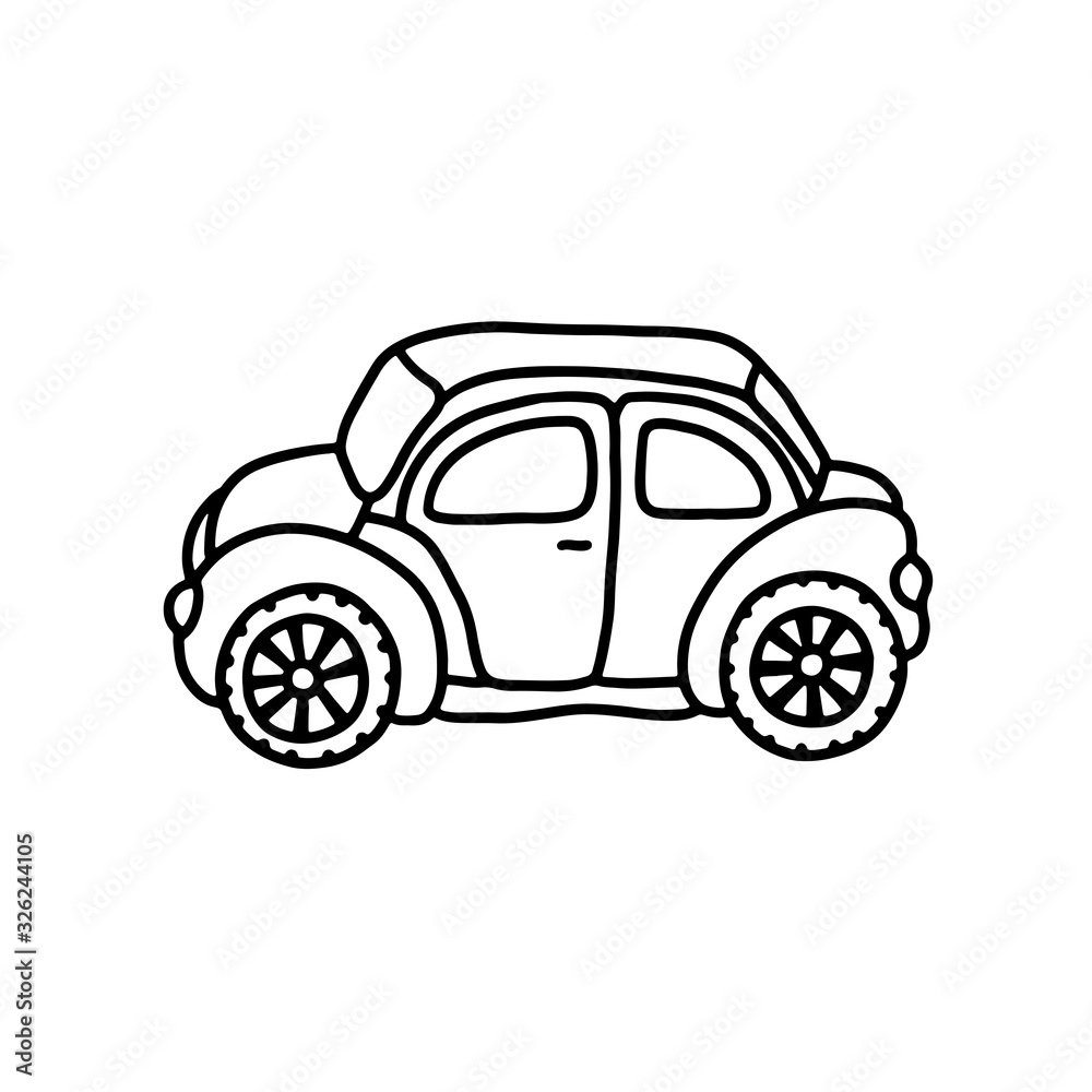 Funny toy car in black outline style on a white background. Coloring book for children. Vector illustration.
