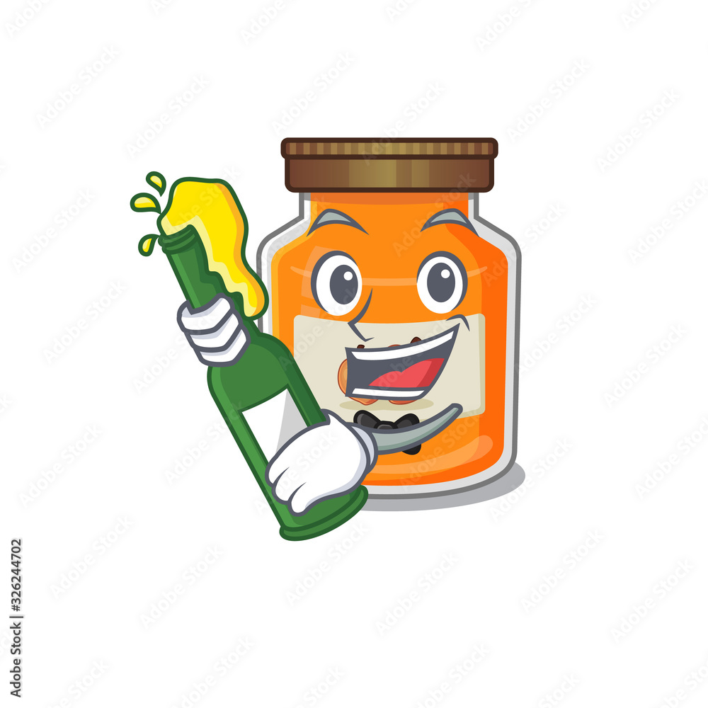 mascot cartoon design of peach jam with bottle of beer