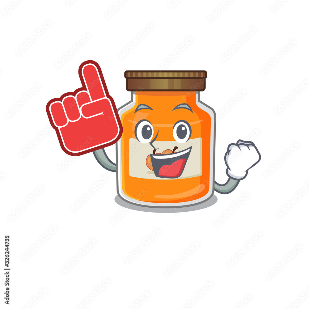 A picture of peach jam mascot cartoon design holding a Foam finger A picture of peach jam mascot cartoon design holding a Foam finger