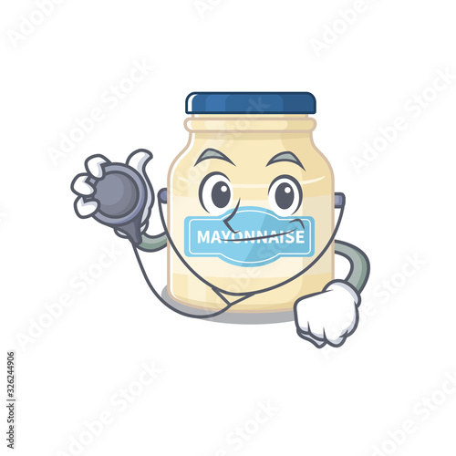 A mascot picture of mayonnaise cartoon as a Doctor with tools