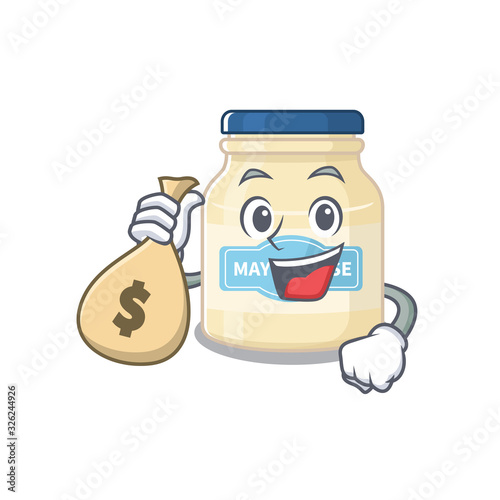 Rich and famous mayonnaise cartoon character holding money bag