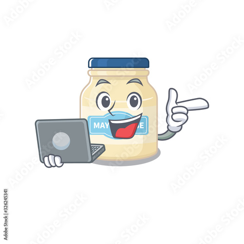 Cool character of mayonnaise working with laptop