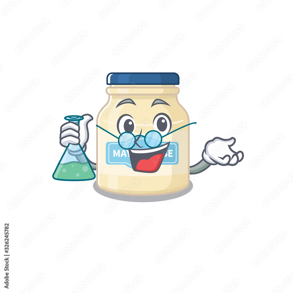 Cool mayonnaise Professor cartoon character with glass tube
