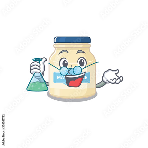 Cool mayonnaise Professor cartoon character with glass tube