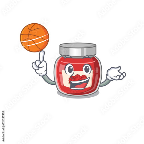 A mascot picture of raspberry jam cartoon character playing basketball