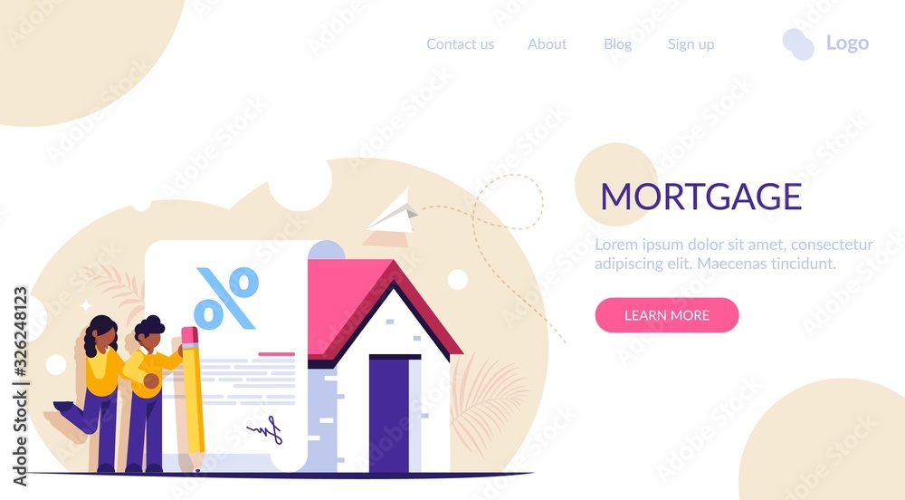 Mortgage loan form concept. Young family signs a mortgage document to buy a new home. Favorable interest from the bank. Landing web page template. Mortgage loan form concept. Young family signs a mortgage document to buy a new home. Favorable interest from the bank. Landing web page template.