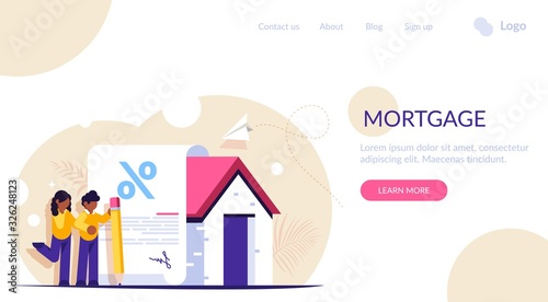 Mortgage loan form concept. Young family signs a mortgage document to buy a new home. Favorable interest from the bank. Landing web page template.