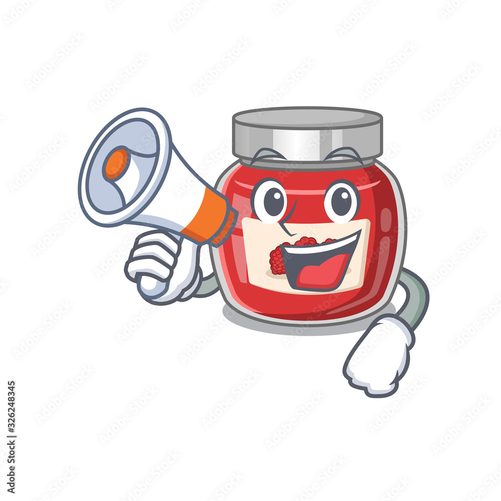 A mascot of raspberry jam speaking on a megaphone
