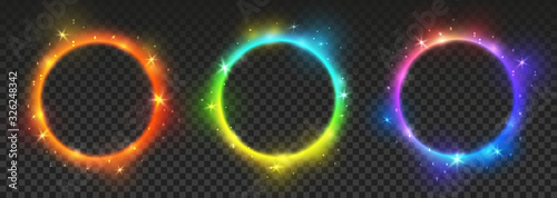 Set of bright color neon circles with transparent effects - vector shiny round frames for Your design