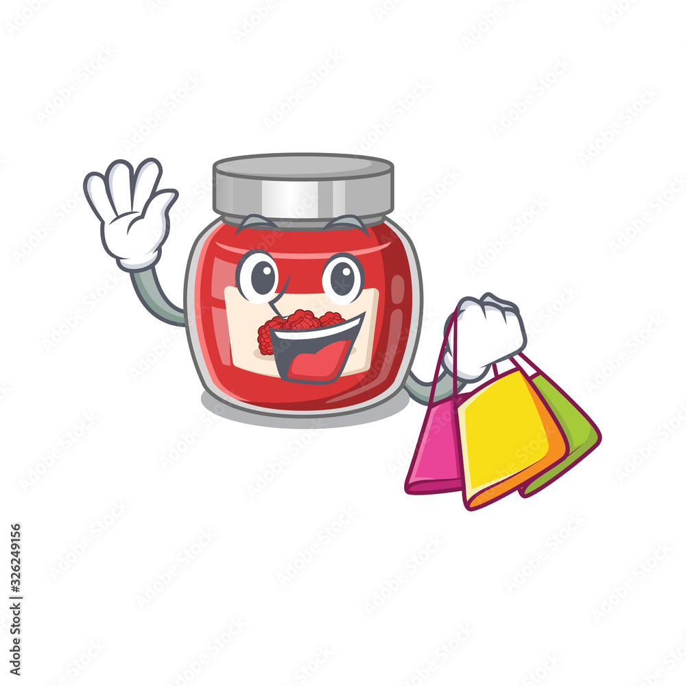 Obraz premium A friendly rich raspberry jam waving and holding Shopping bag