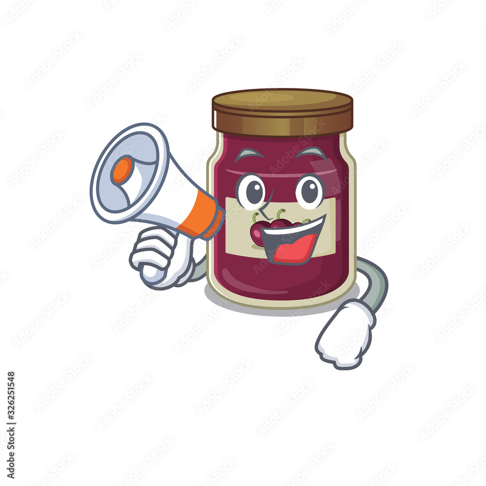 A mascot of plum jam speaking on a megaphone