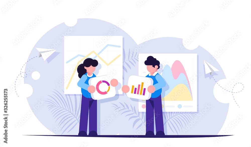 People build a dashboard and interact with graphs. Offer to choose the best way to display information. Data analysis, and office situations. Modern flat vector illustration.
