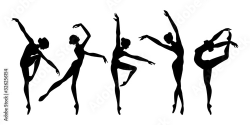 Female beautiful classic dancers character. Set dancing women. Silhouettes ballerinas. Vector illustration isolated on white background.
