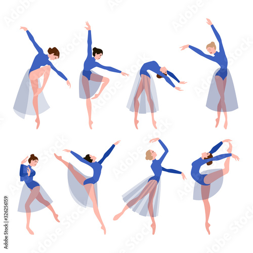 Set dancing ballerinas. Jumping and dancing. Cartoon style vector illustration isolated on white background.