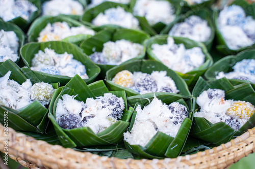 Thai local dessert in banana leaf photo