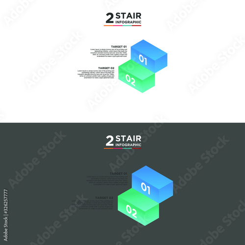 2 stair step timeline infographic element. Business concept with two options and number, steps or processes. data visualization. Vector illustration. isolated black and white background