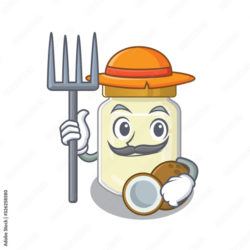 Happy Farmer coconut butter cartoon picture with hat and tools