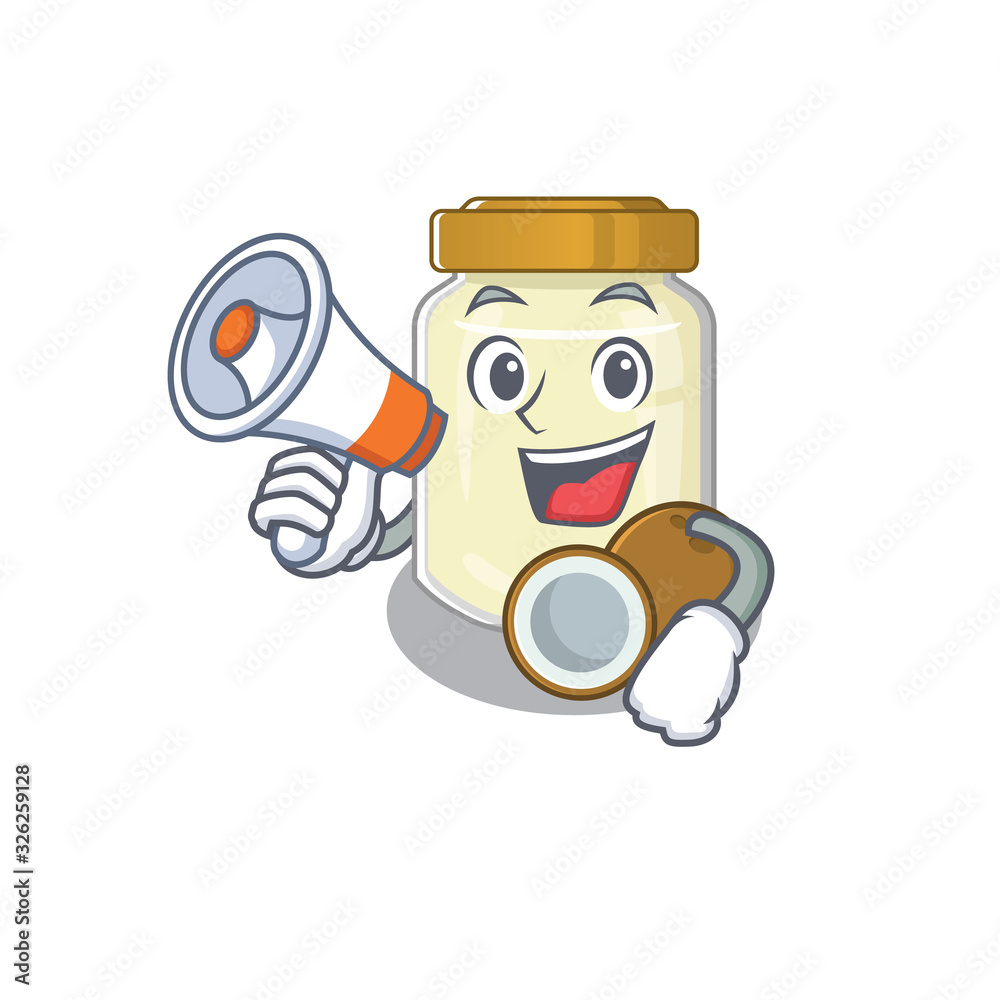 A mascot of coconut butter speaking on a megaphone