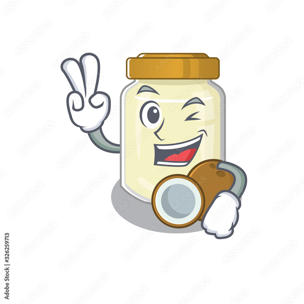 mascot of funny coconut butter cartoon Character with two fingers