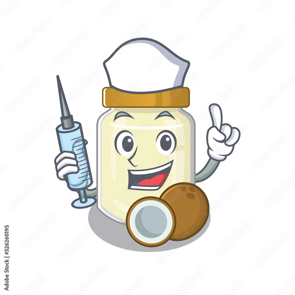 A coconut butter hospitable Nurse character with a syringe