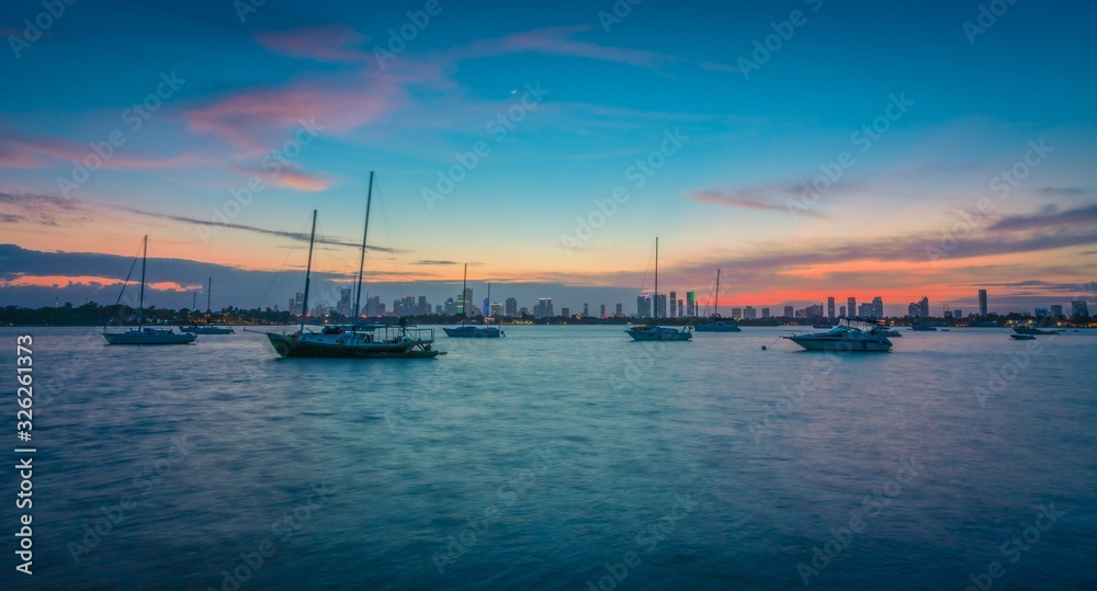 sea sunset water sky bridge shore boat ocean dusk colors harbor city landscape river bay blue coast florida miami