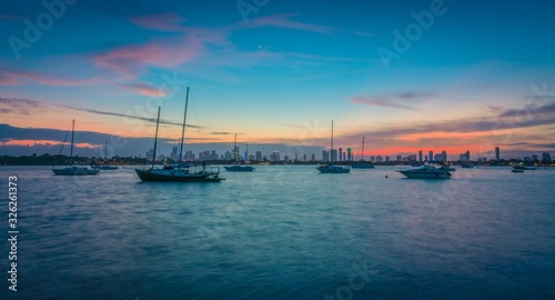 sea sunset water sky bridge shore boat ocean dusk colors harbor city landscape river bay blue coast florida miami