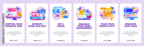Time management and work productivity. Task organizer, business project management. Mobile app onboarding screens. Vector banner template for website mobile development. Web site design illustration