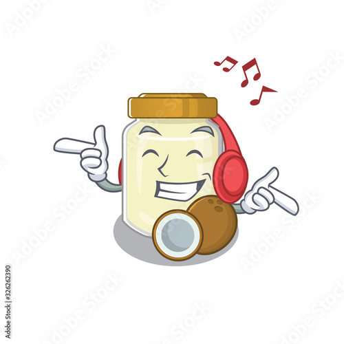 Listening music coconut butter cartoon character concept