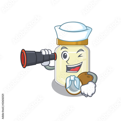 A picture of coconut butter working as a Sailor with binocular