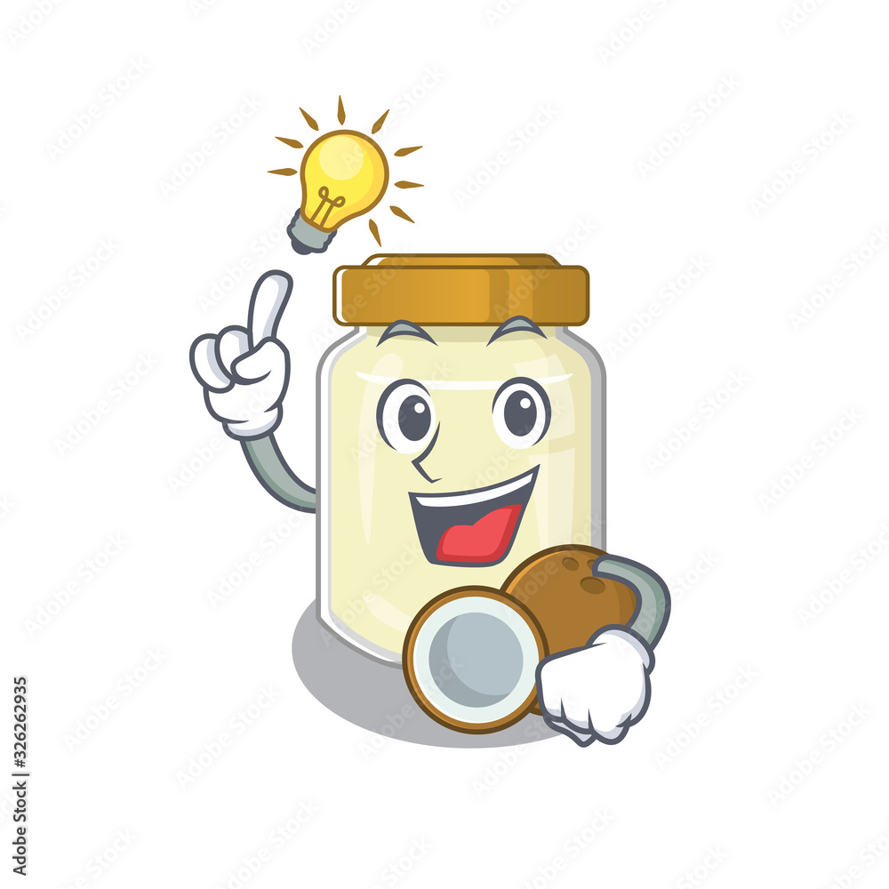 a clever coconut butter cartoon character style have an idea gesture