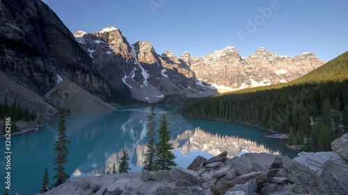 wide angle view of moraine lake on a clear summer morning in canada