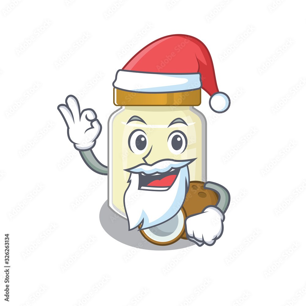 Coconut butter in Santa cartoon character style with ok finger Coconut butter in Santa cartoon character style with ok finger