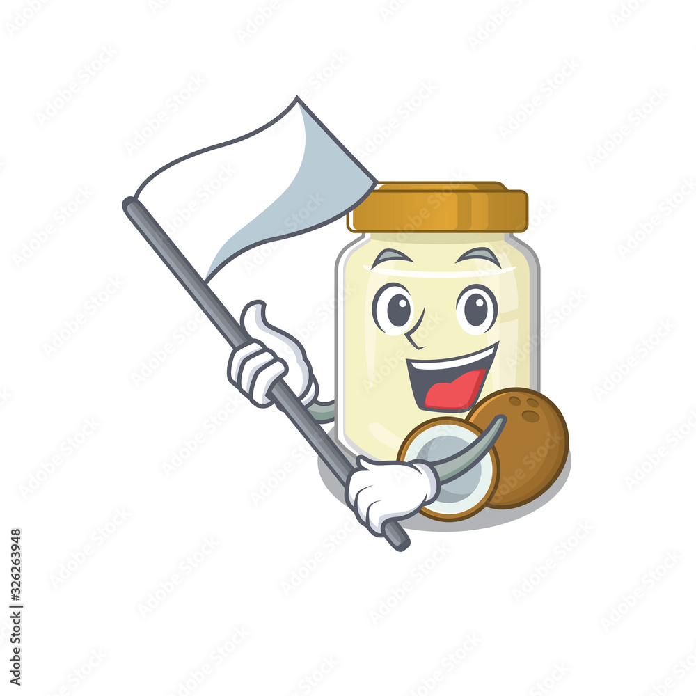 Funny coconut butter cartoon character style holding a standing flag Funny coconut butter cartoon character style holding a standing flag