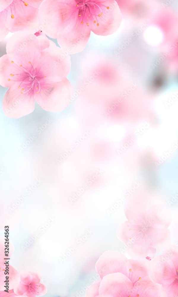 vertical Japanese Spring Sakura cherry blossoms 240x400 size website fat skyscraper banner background. 3D Illustration Clip-Art floral spring petal design header. copy space in pink, white, blue vertical Japanese Spring Sakura cherry blossoms 240x400 size website fat skyscraper banner background. 3D Illustration Clip-Art floral spring petal design header. copy space in pink, white, blue