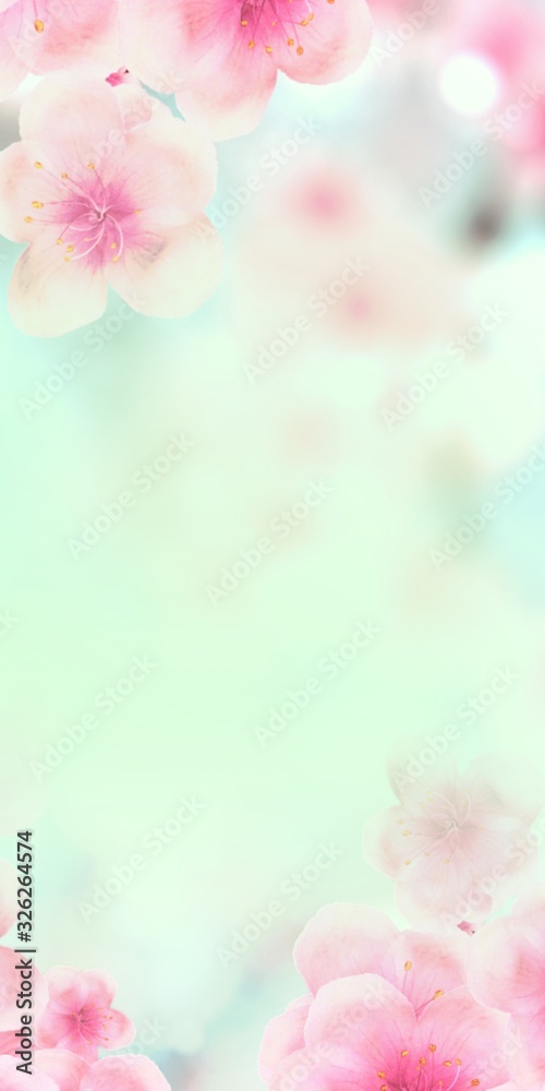 vertical Japanese Spring Sakura cherry blossoms 120x240 size website small skyscraper banner background. 3D Illustration Clip-Art floral spring petal design header. copy space in green, white, blue