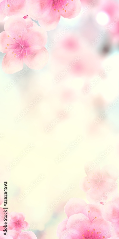 vertical Japanese Spring Sakura cherry blossoms 120x240 size website small skyscraper banner background. 3D Illustration Clip-Art floral spring petal design header. copy space in pink, yellow, blue